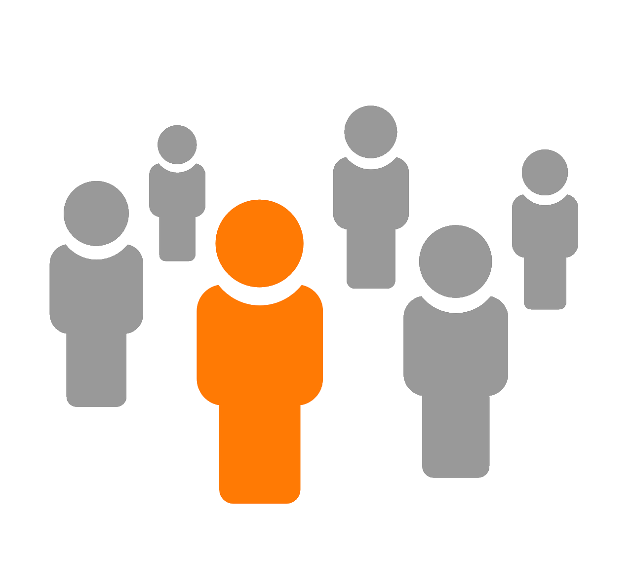 a circle of six simple cartoon people that are gray, with one orange person that stand out